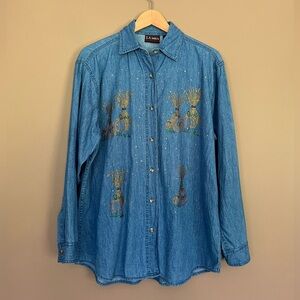 {LASHA} Fall Pumpkin Harvest Rhinestone Scene Denim Button Down Shirt - Medium